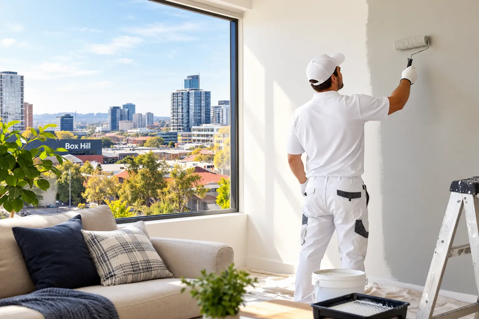 Young professional painter applying paint to a residential wall