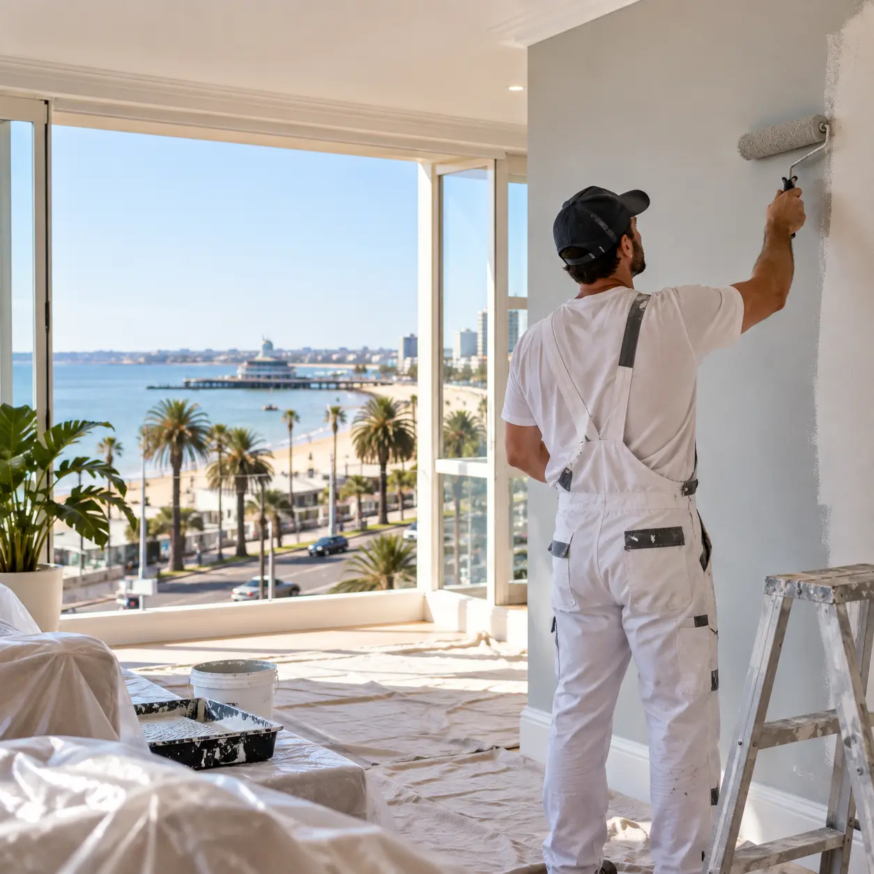 Painter applying paint to an interior wall